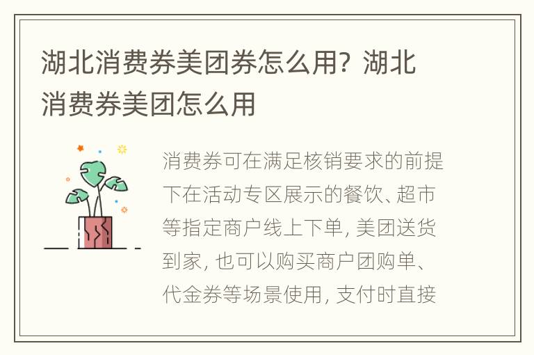 湖北消费券美团券怎么用？ 湖北消费券美团怎么用