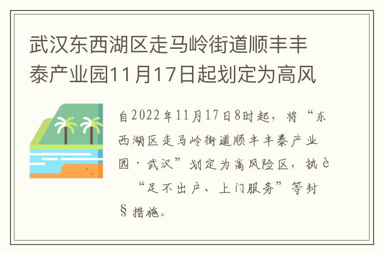 武汉东西湖区走马岭街道顺丰丰泰产业园11月17日起划定为高风险区