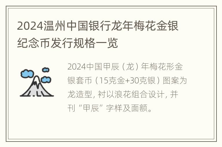 2024温州中国银行龙年梅花金银纪念币发行规格一览