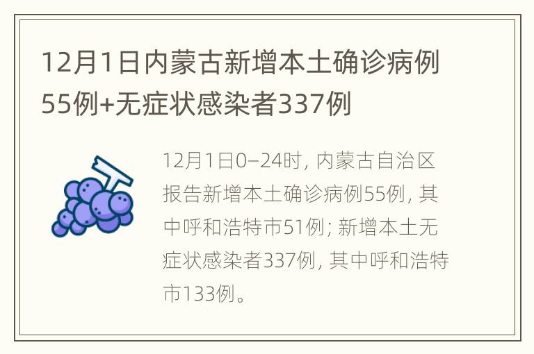 12月1日内蒙古新增本土确诊病例55例+无症状感染者337例