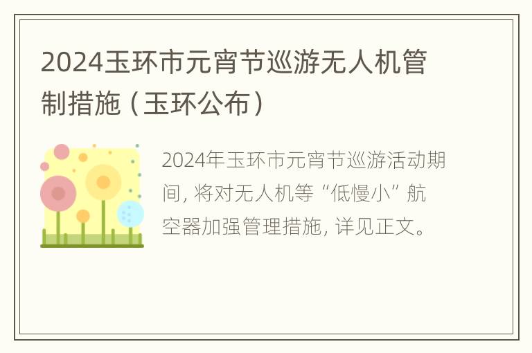 2024玉环市元宵节巡游无人机管制措施（玉环公布）