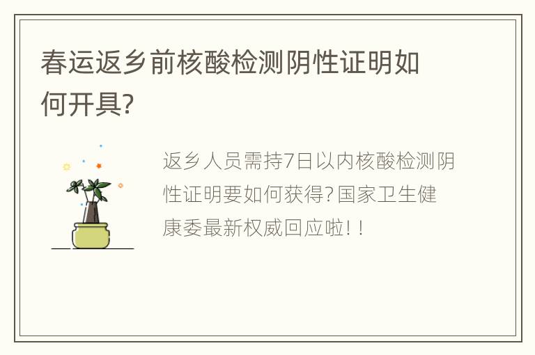 春运返乡前核酸检测阴性证明如何开具？