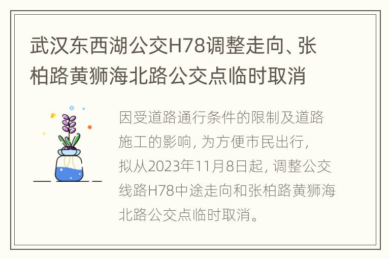 武汉东西湖公交H78调整走向、张柏路黄狮海北路公交点临时取消