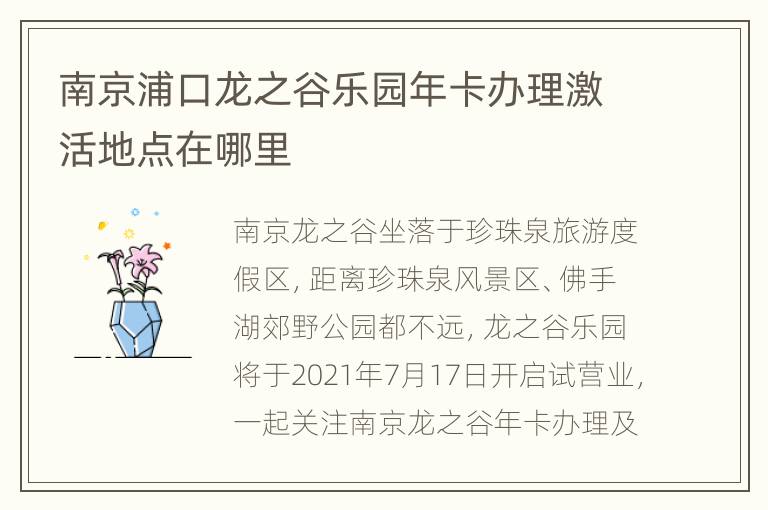 南京浦口龙之谷乐园年卡办理激活地点在哪里