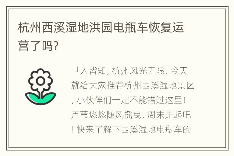 杭州西溪湿地洪园电瓶车恢复运营了吗？