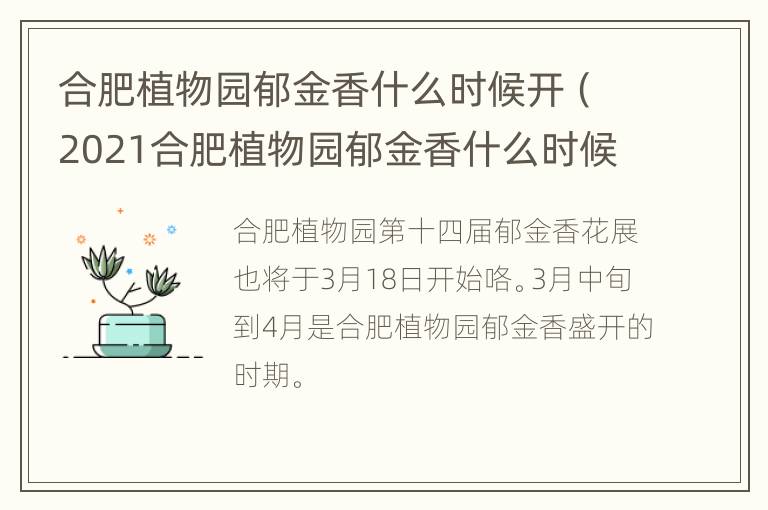 合肥植物园郁金香什么时候开（2021合肥植物园郁金香什么时候开）