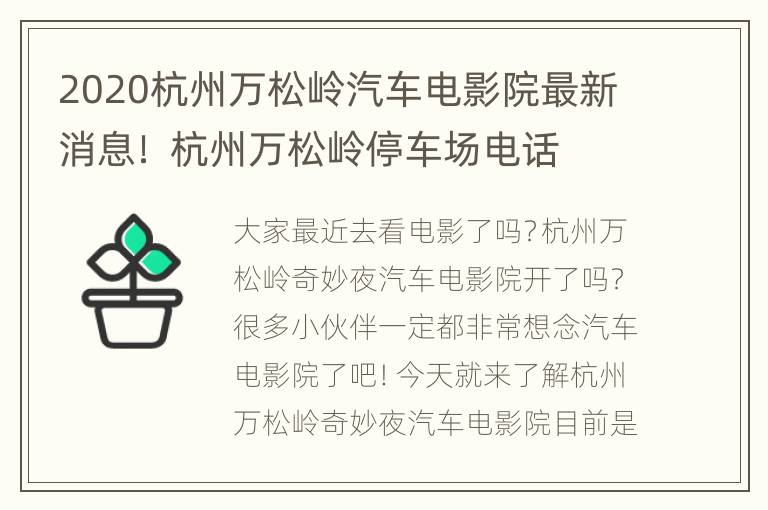 2020杭州万松岭汽车电影院最新消息！ 杭州万松岭停车场电话