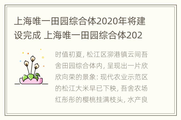 上海唯一田园综合体2020年将建设完成 上海唯一田园综合体2020年将建设完成什么工程